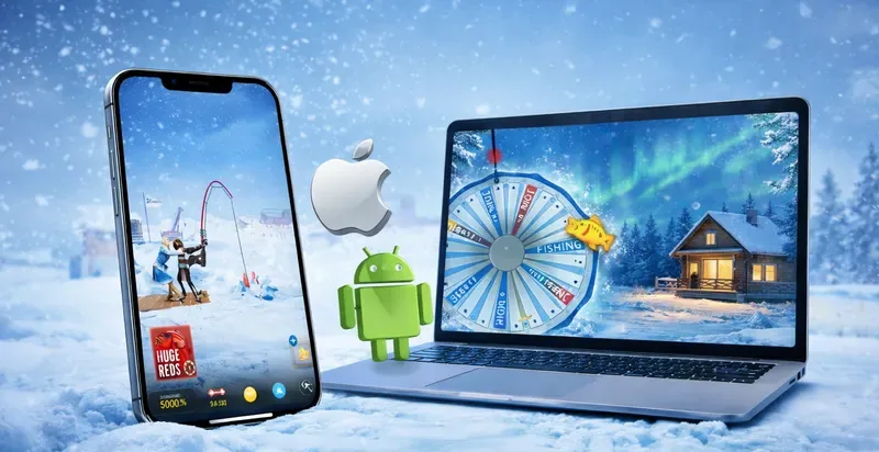 Ice Fishing game running on a smartphone and laptop in a snowy setting