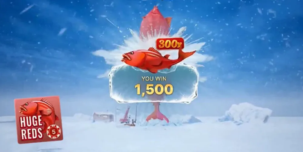 Ice Fishing Huge Reds bonus round paying a 300x fish multiplier
