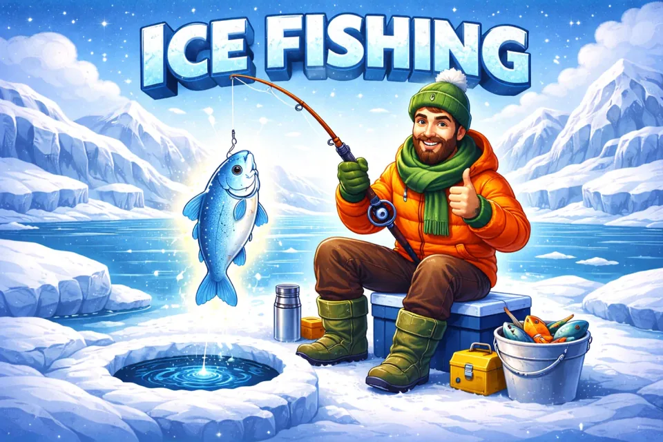 Cartoon ice fisherman catching a glowing fish — Ice Fishing free play concept