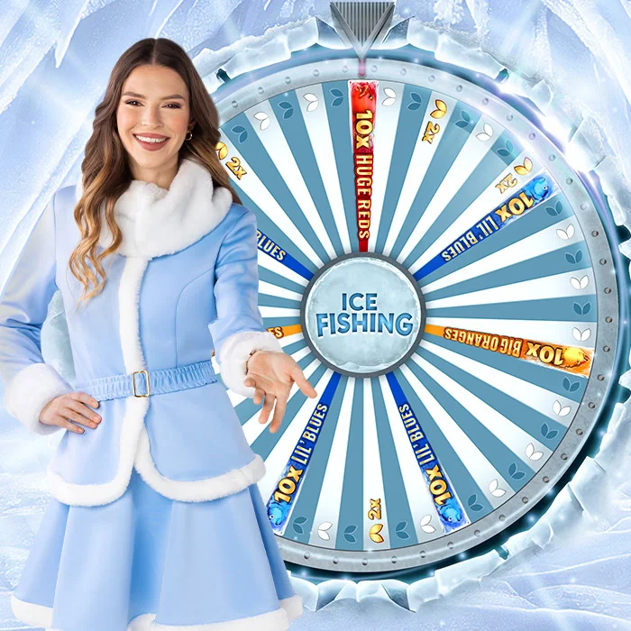Ice Fishing Live presenter next to the frozen 53-segment money wheel