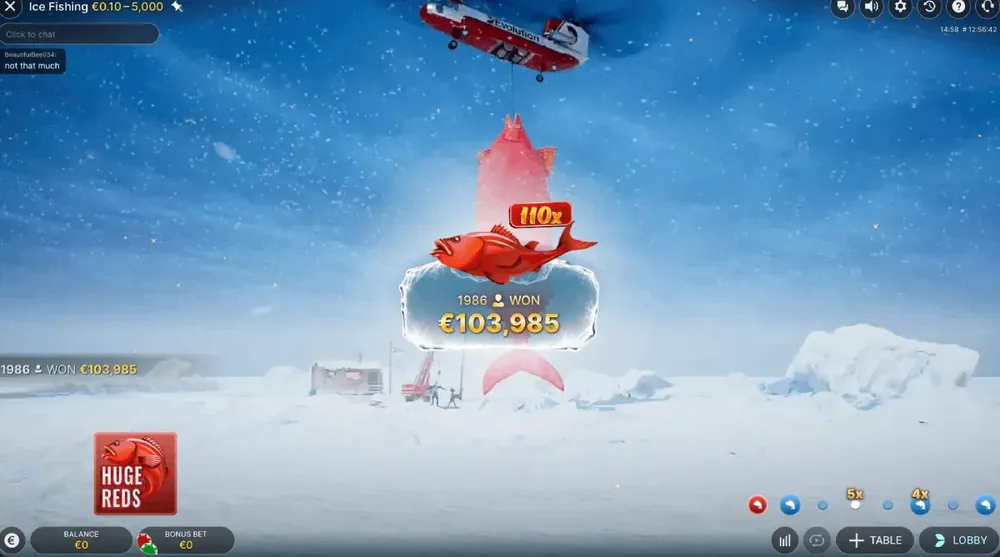 Ice Fishing Live Huge Reds result showing a large multiplier win